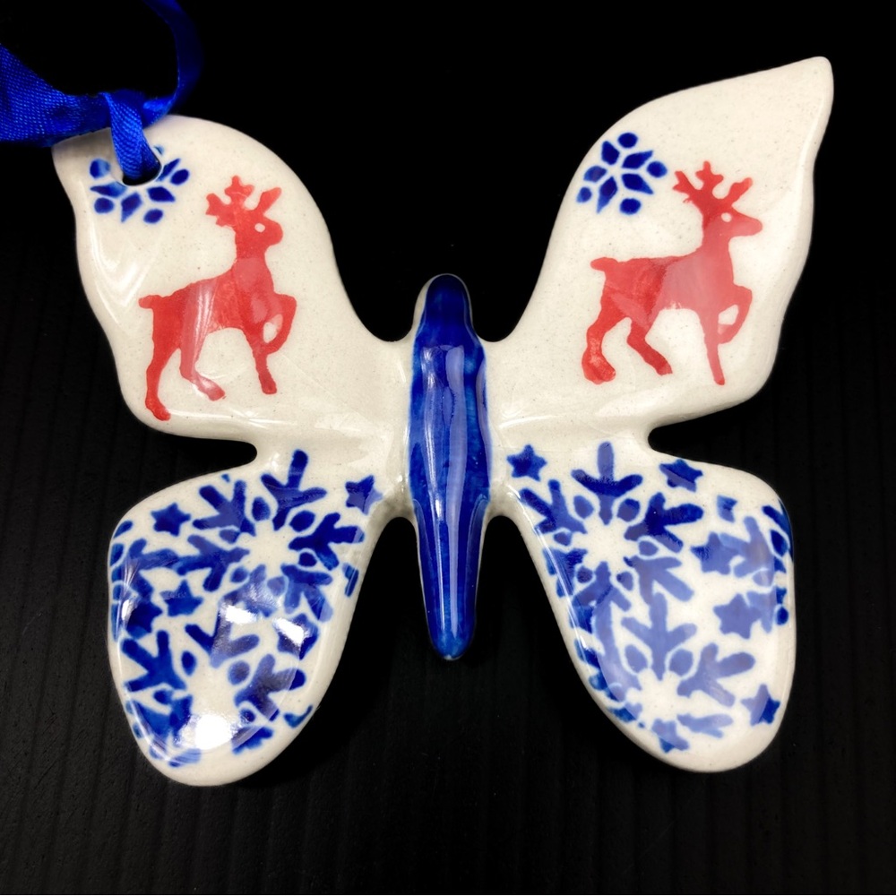 Polish Pottery Butterfly Holiday Christmas Ornament Prancing Reindeer Snowflakes